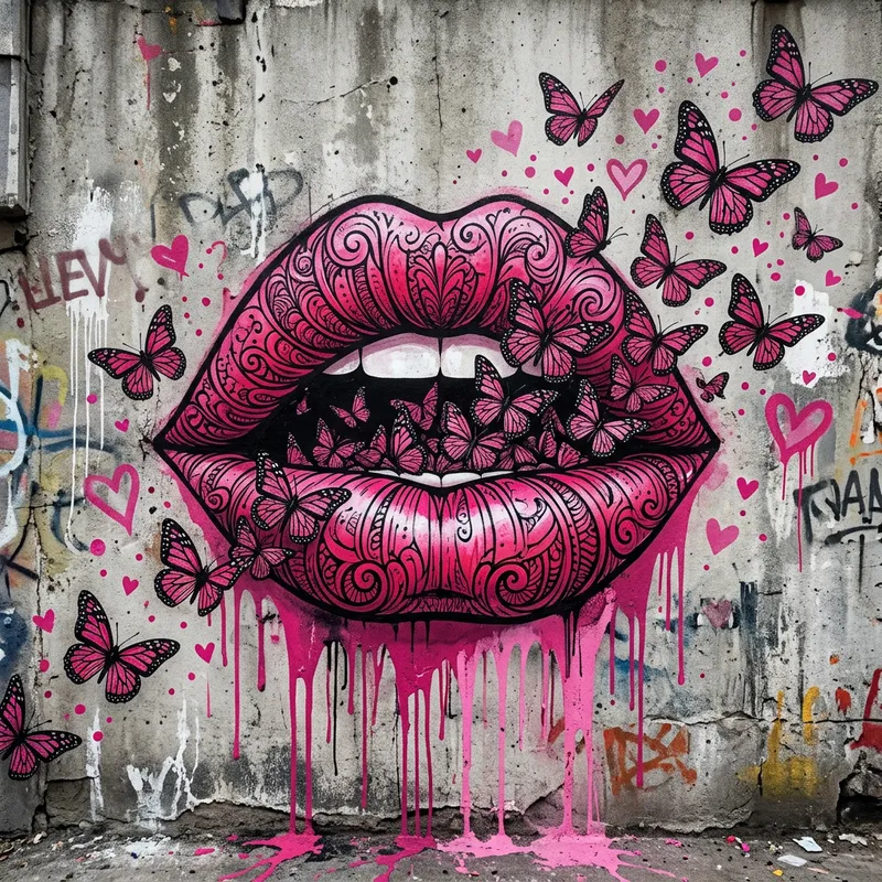 Vibrant Pink Lips Mural with Butterflies in Line Art Style