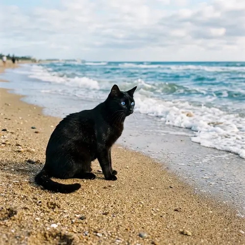 Black Cat with Blue Eyes on Beach - Curious Gaze at Rippling Waves