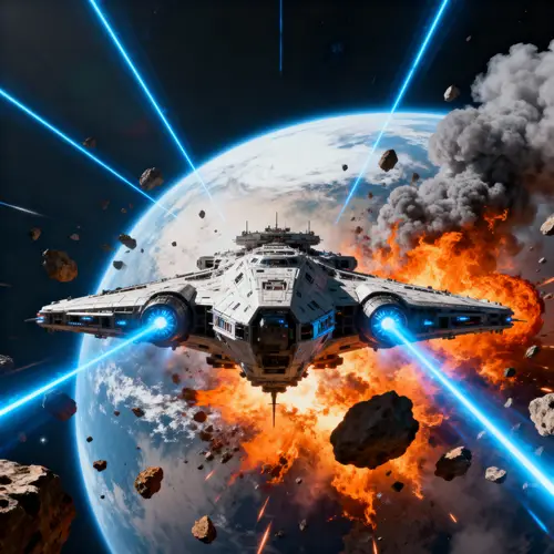 Space Ship Shooting Lasers on Exploding Planet