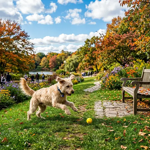 Joyful Furry Dog Chasing Yellow Ball in Park