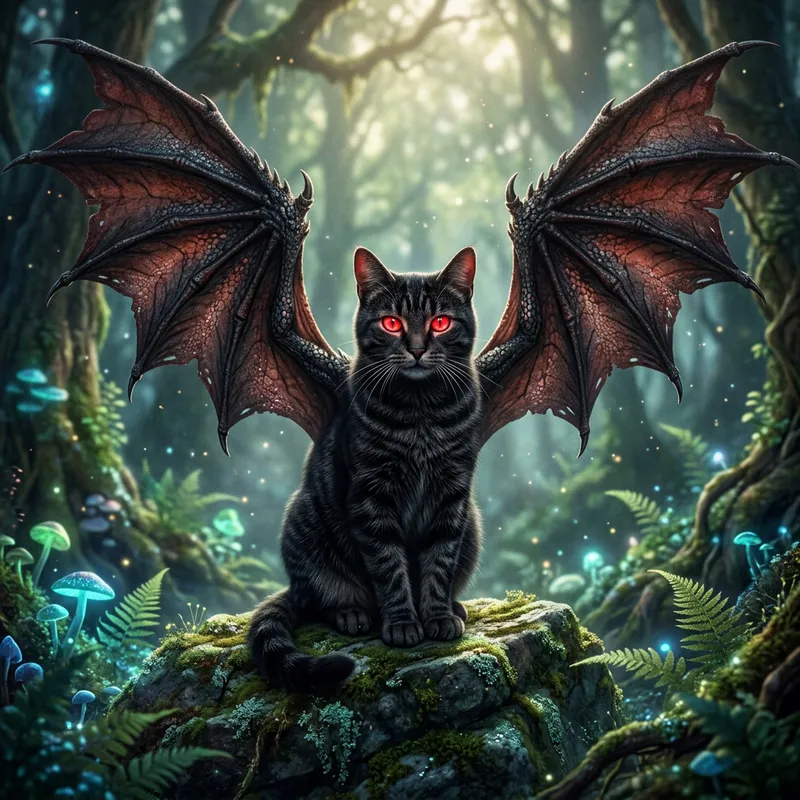 Cat with Red Eyes and Dragon-Like Wings - Ethereal Beauty