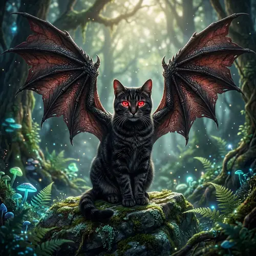 Cat with Red Eyes and Dragon-Like Wings