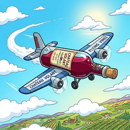 Fun Cartoon Wine Bottle Aircraft Flying in Brilliant Blue Sky