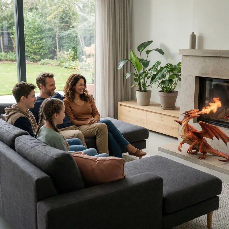 Modern Family Living in a Fantasy House with Dragon Fireplace