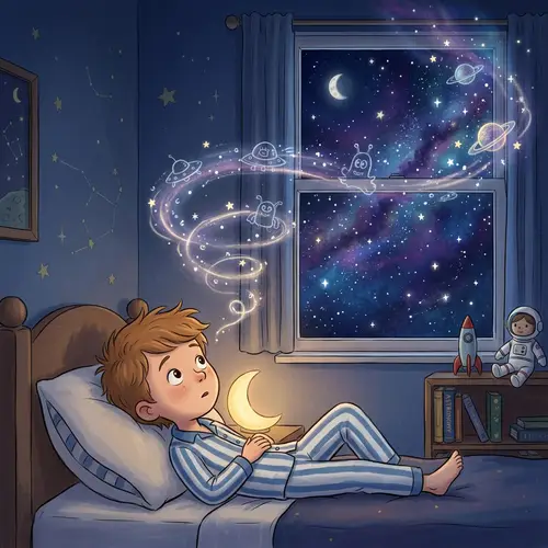 Young Boy Alex: Imagining Adventures Among Distant Galaxies