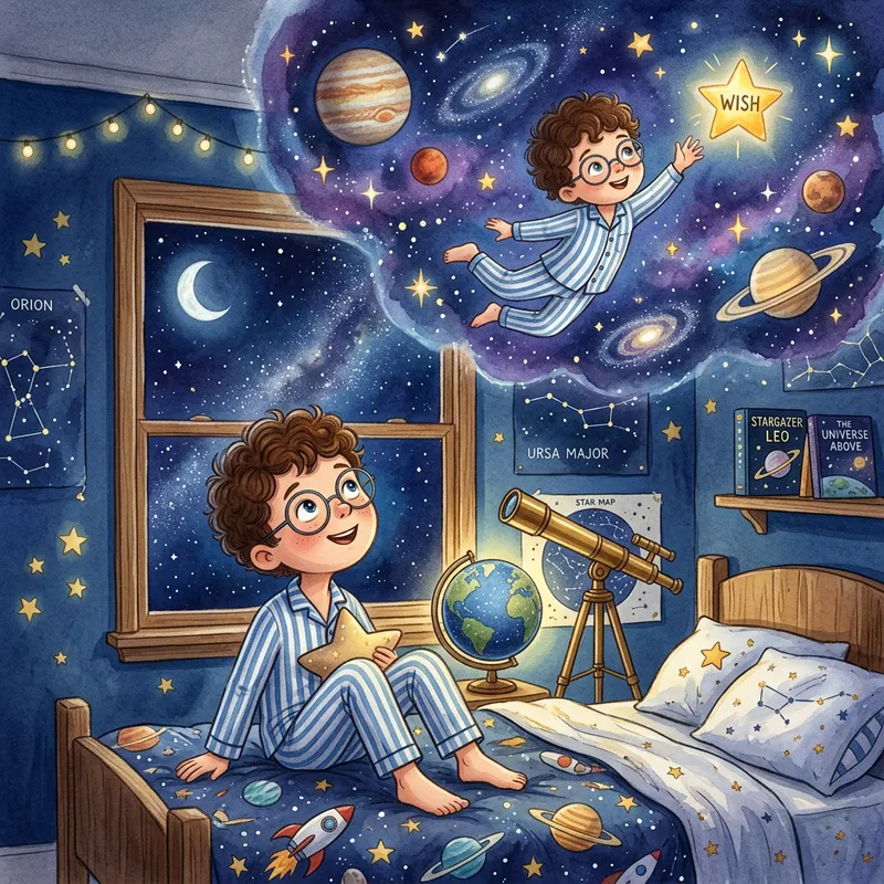 Enthusiastic Boy Reaches for the Stars in Dreamy Children's Storybook Animation