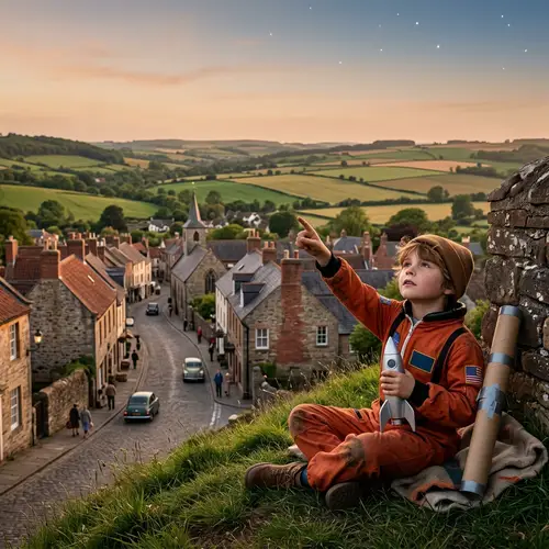 Young Boy Alex Dreaming of Touching the Stars | Town Among Rolling Hills