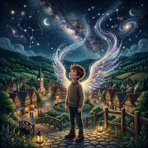 Young Boy's Dream: Touching the Stars in a Quaint Town