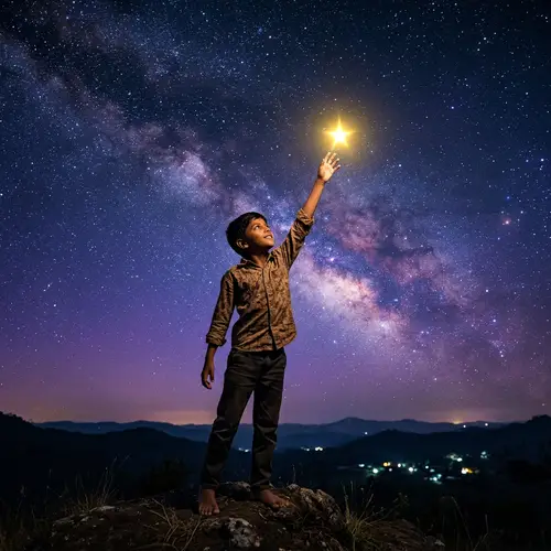 South Asian Boy Reaching for Golden Star in Dreamy Sky