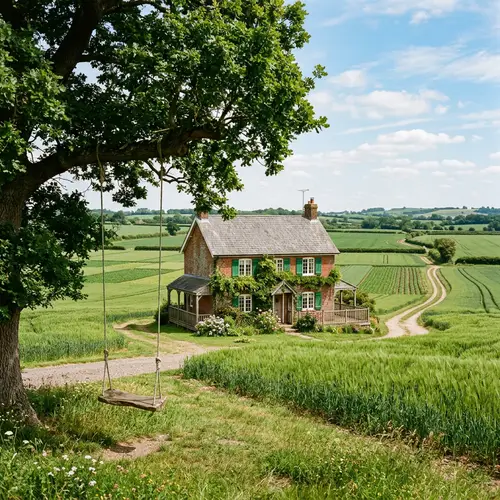 Rustic Farmhouse in Lush Green Field | Tranquil Countryside Scene
