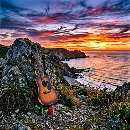 Guitar Leaning Against Rock with Sunset View