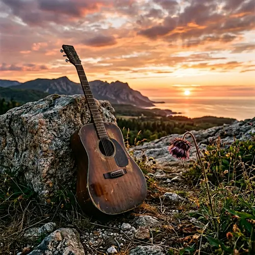 Sunset Guitar: Scenic View with Wilted Flower
