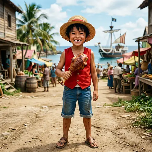 Young Boy with Black Hair and Straw Hat Holding Meat