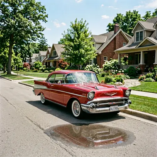 Classic Red Car Parked on Quiet Suburban Street