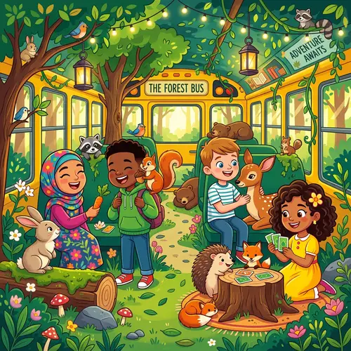 Green Forest School Bus: Children & Animals Vector Illustration