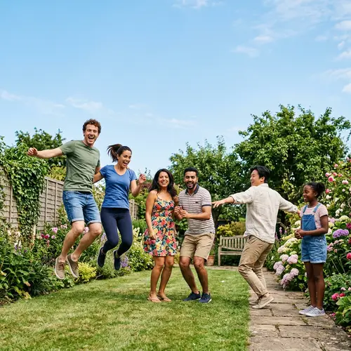 Joyful Garden Scene: Friends Leaping Under Clear Blue Sky