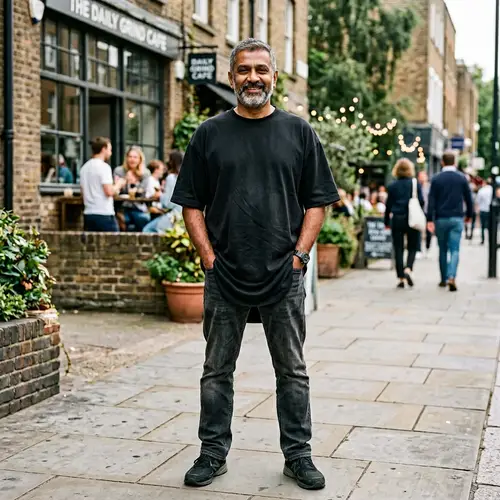 Confident Mature South Asian Man in Oversized Black T-Shirt