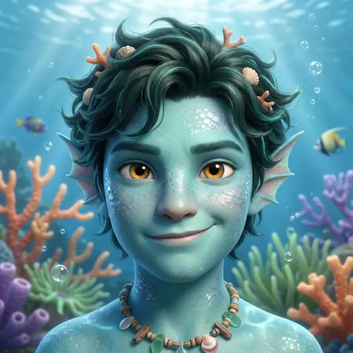 Funny Animated Triton Boy Character Head