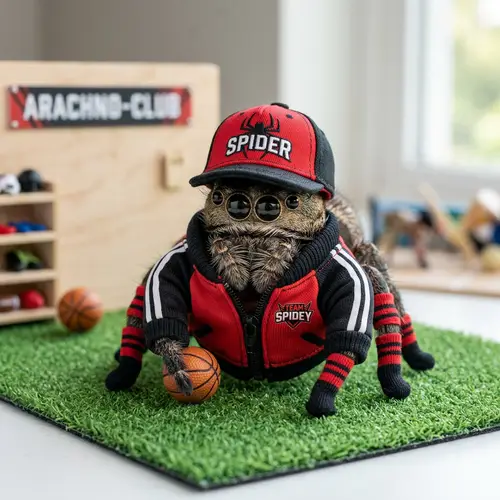 Child-Friendly Spider Mascot Design in Red and Black