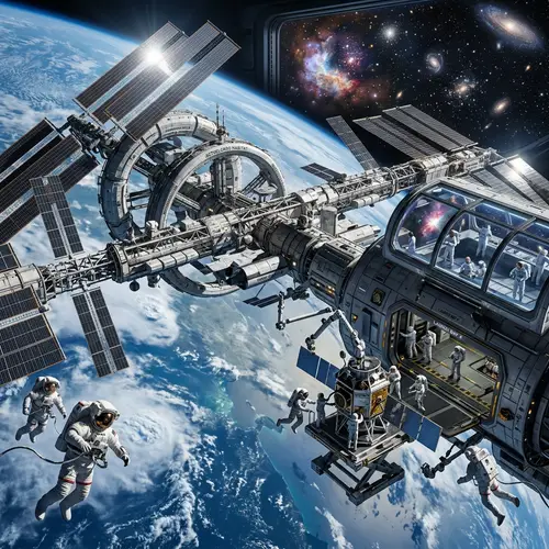 Futuristic Space Station: Ethereal View of Galaxy & Astronauts