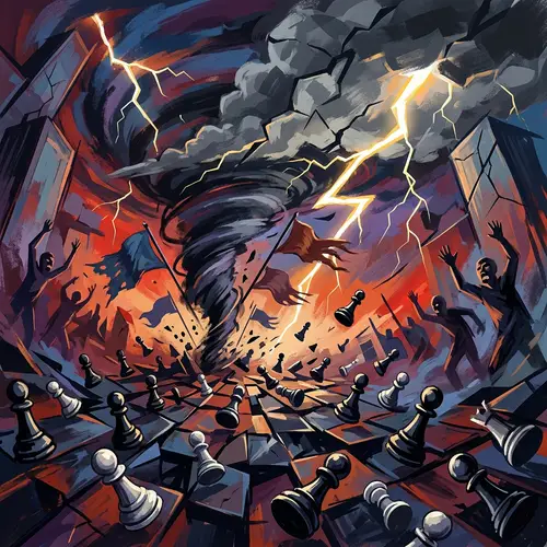 Political Crisis Visual Representation with Bold Colors and Symbols