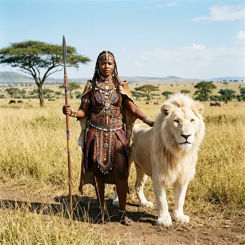 Proud African Warrior with White Lion in Savanna