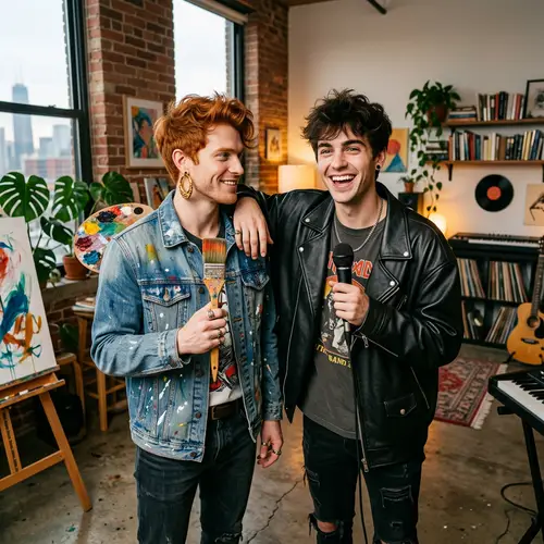 Young Men in Stylish Outfits: Artistic & Musical Duo