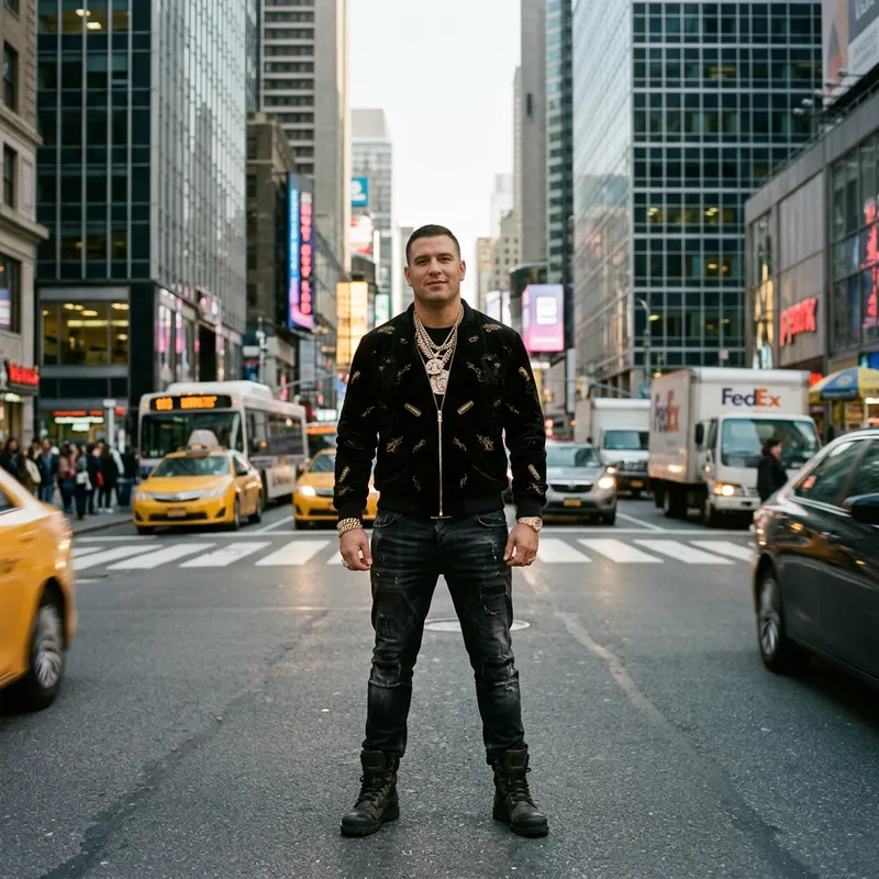 Dominant Firearm Figure with Gold Chains in Urban Traffic Chaos Dominant Firearm Figure with Gold Chains in Urban Traffic Chaos