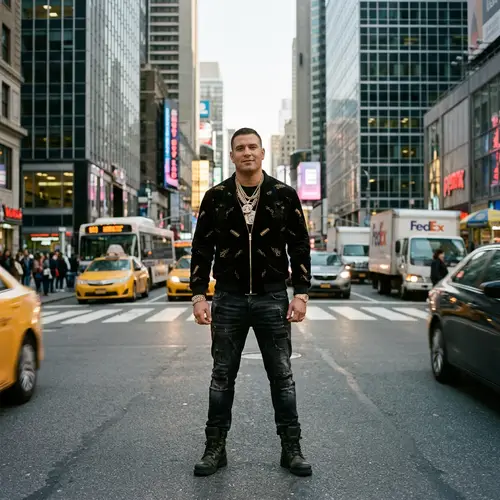 Extravagant Firearm Personified as Confident Man in Urban Traffic