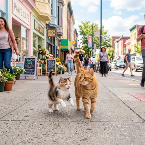 Adorable Kitten and Father Cat Walking in Vibrant Pastel Scene