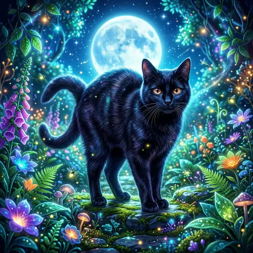 Ethereal Moonlit Garden with Enigmatic Black Cat