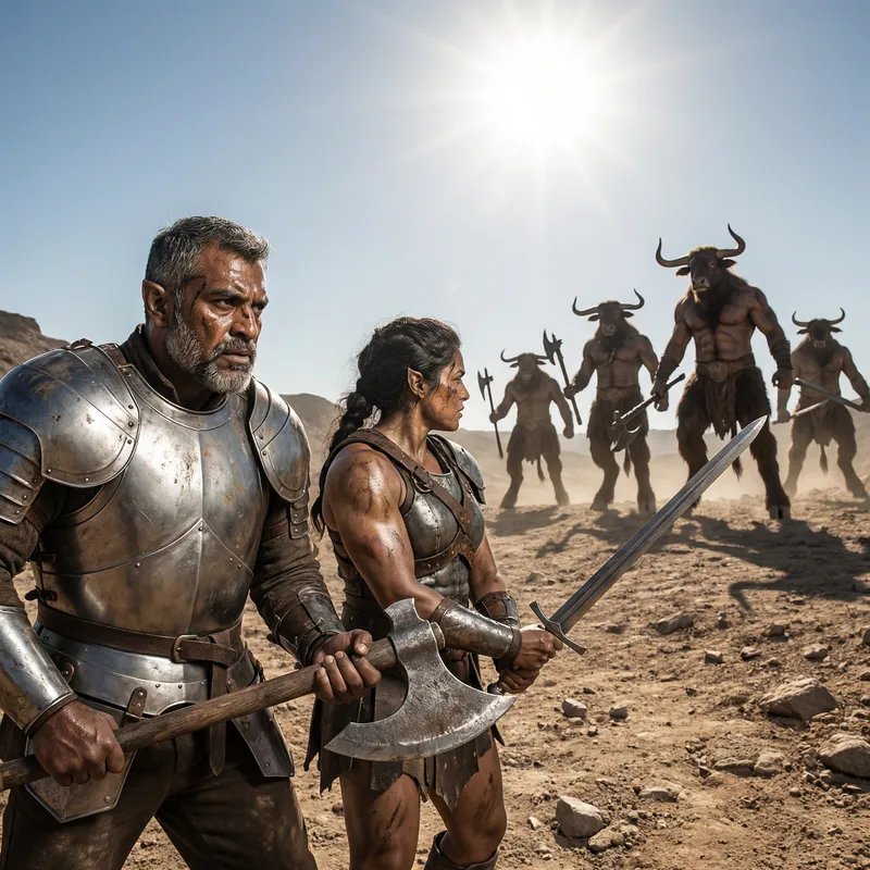 Epic Half-Orc Barbarian Battle Against Minotaurs