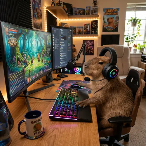 Whimsical Capybara Gaming Setup | Fun Virtual World Image