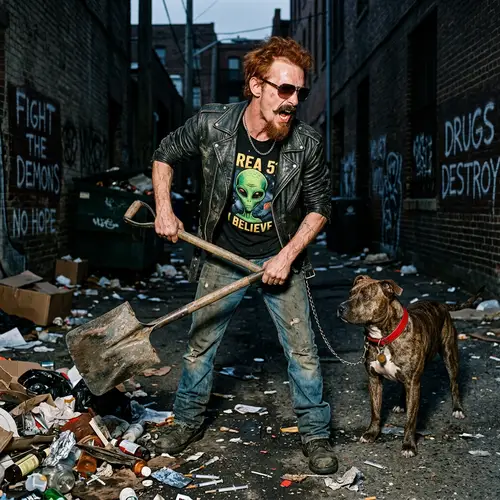Crazed Red-Haired Drug Addict Man with Shovel and Pit Bull