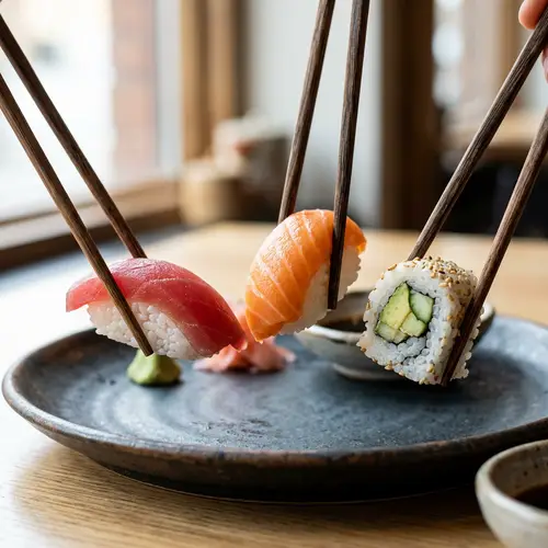 Realistic Sushi Held by 3 Chopsticks