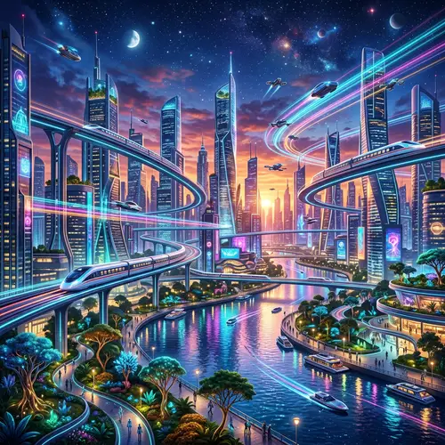Futuristic Landscape: Skyscrapers, Bullet Trains & Neon Lights