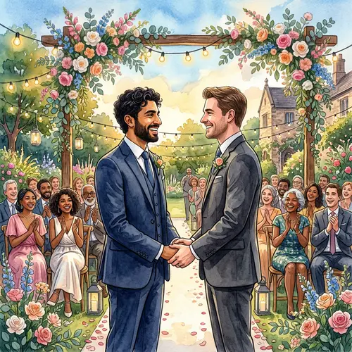 Vibrant Same-Sex Wedding Ceremony: Middle Eastern & Caucasian Grooms
