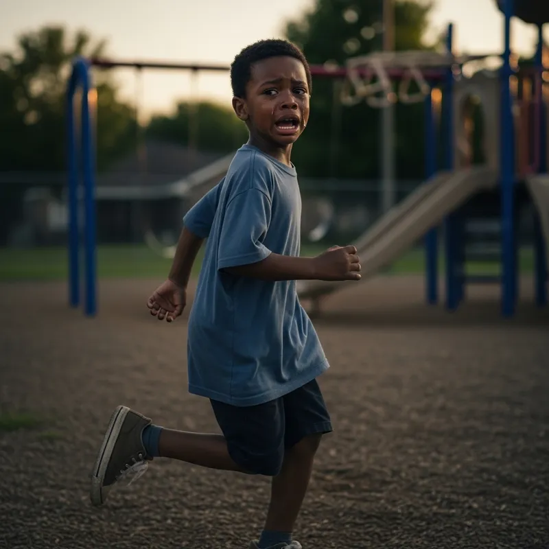 Distressed Boy Running Away from Fearful Situation
