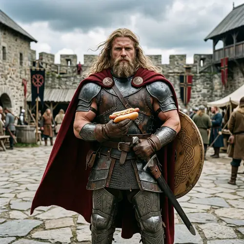Serious Thor Holding Hotdog Sandwich