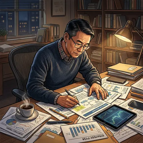 Mature Asian Man Analyzing Documents in Thoughtful Office Setting