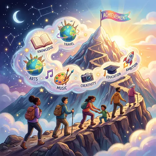 Journey Towards Achieving Goals: Dream Cloud & Flag on Mountain Top