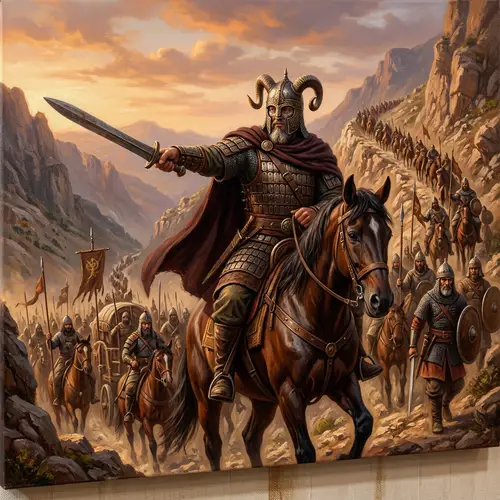 Hyperrealistic Oil Painting of Massive Warrior Dhul-Qarnayn Leading Army into Battle