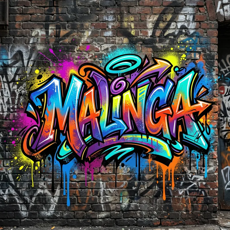 MALINGA Name Logo: Vibrant Graffiti Design MALINGA Name Logo: Vibrant Graffiti Design