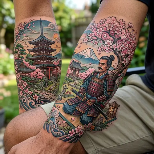 Vivid Samurai Tattoo Design with Cherry Blossom Tree and Japanese Temple