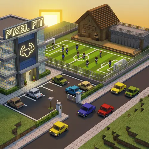 Vibrant Pixel Art Urban Scene | Fitness & Football