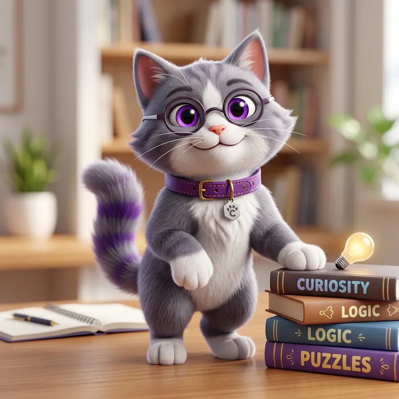 3D Cat Mascot with Purple Eyes and Collar