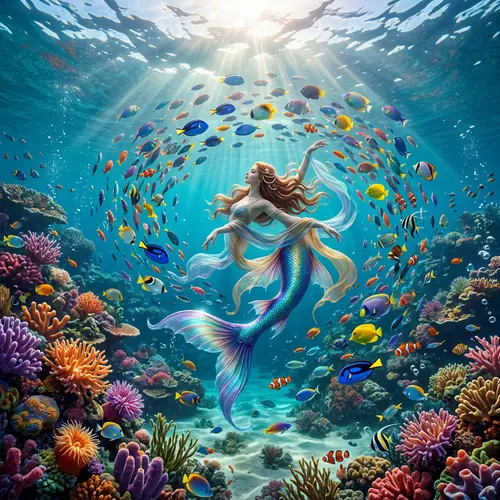 Surreal Underwater World with Mermaid and Tropical Fish
