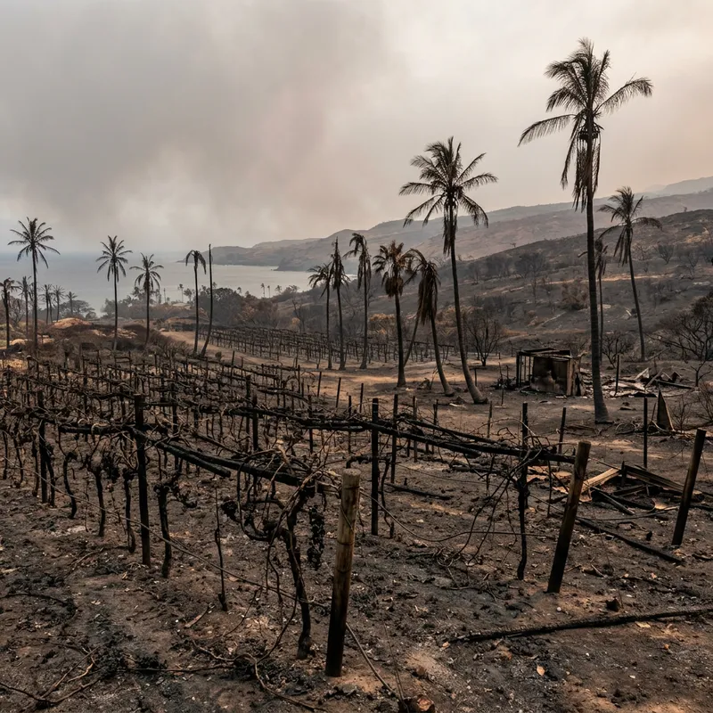 Devastated Paradise: Burnt Palm Trees & Grapevines