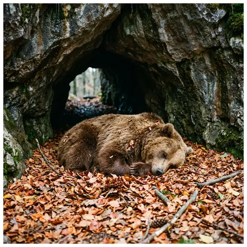 Brown Bear Sleeping in Autumn Leaves Cave