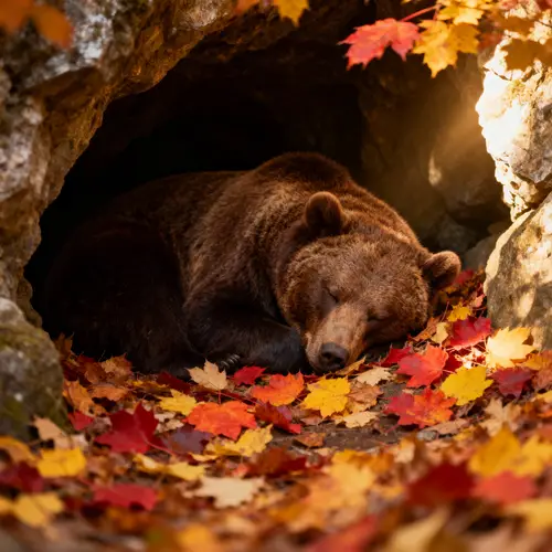 Brown Bear Sleeping in Autumn Leaves Cave